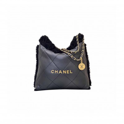 CHANEL SHEARLING AGED LAMBSKIN QUILTED SMALL CHANEL 22 BLACK AS3260 (37*35*7cm)